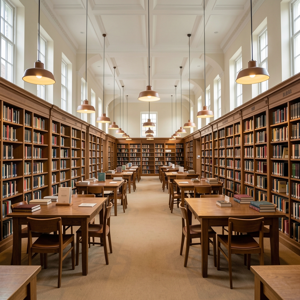 Open library interior with high ceilings, wooden reading tables, warm pendant lights, and rows of bookshelves receding into the background, evoking structured knowledge and calm study