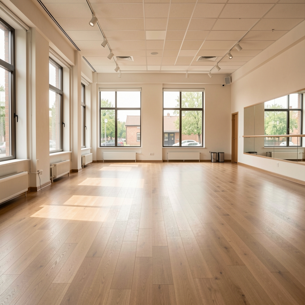Wide open yoga studio interior with wooden floors and large windows, natural daylight illuminating a calm, empty practice space