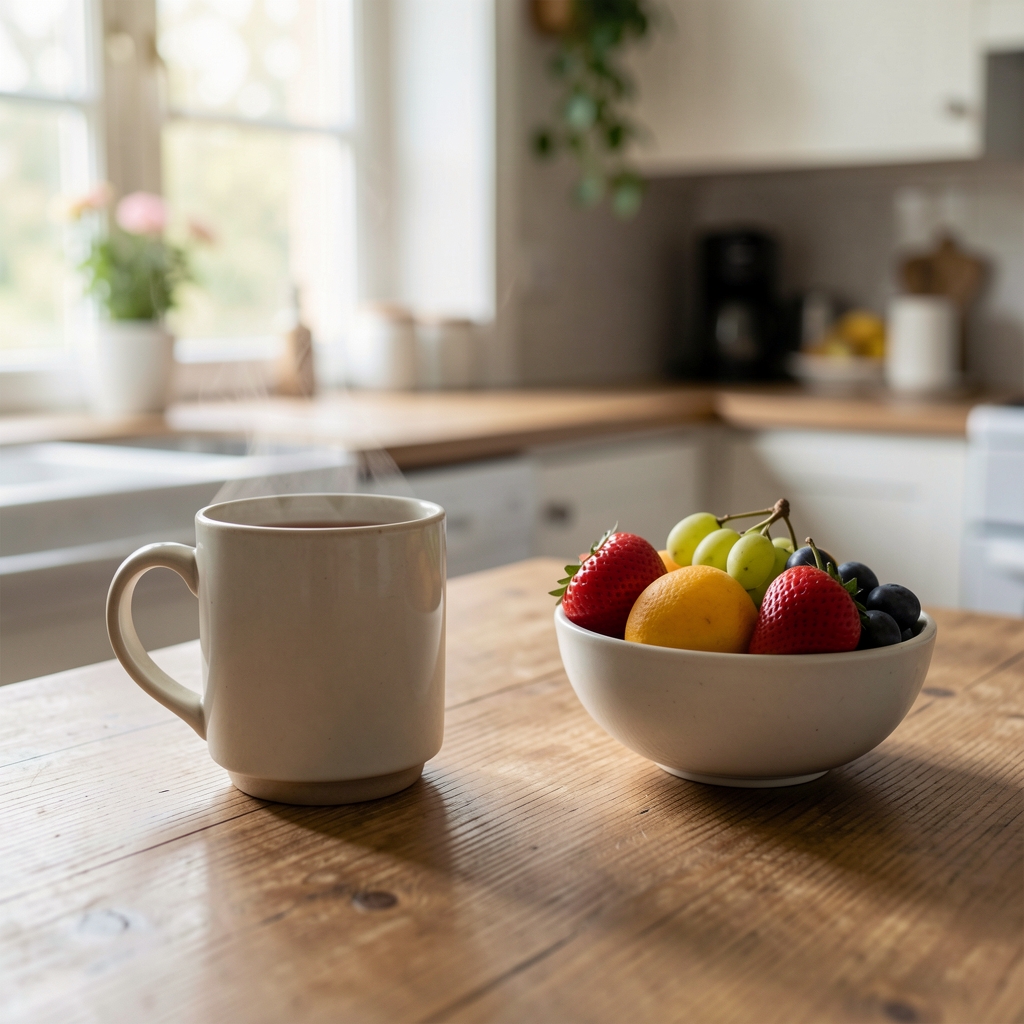 Calm morning kitchen scene with a mug of tea, a bowl of fruit, and soft natural light on a wooden surface, suggesting a mindful daily routine