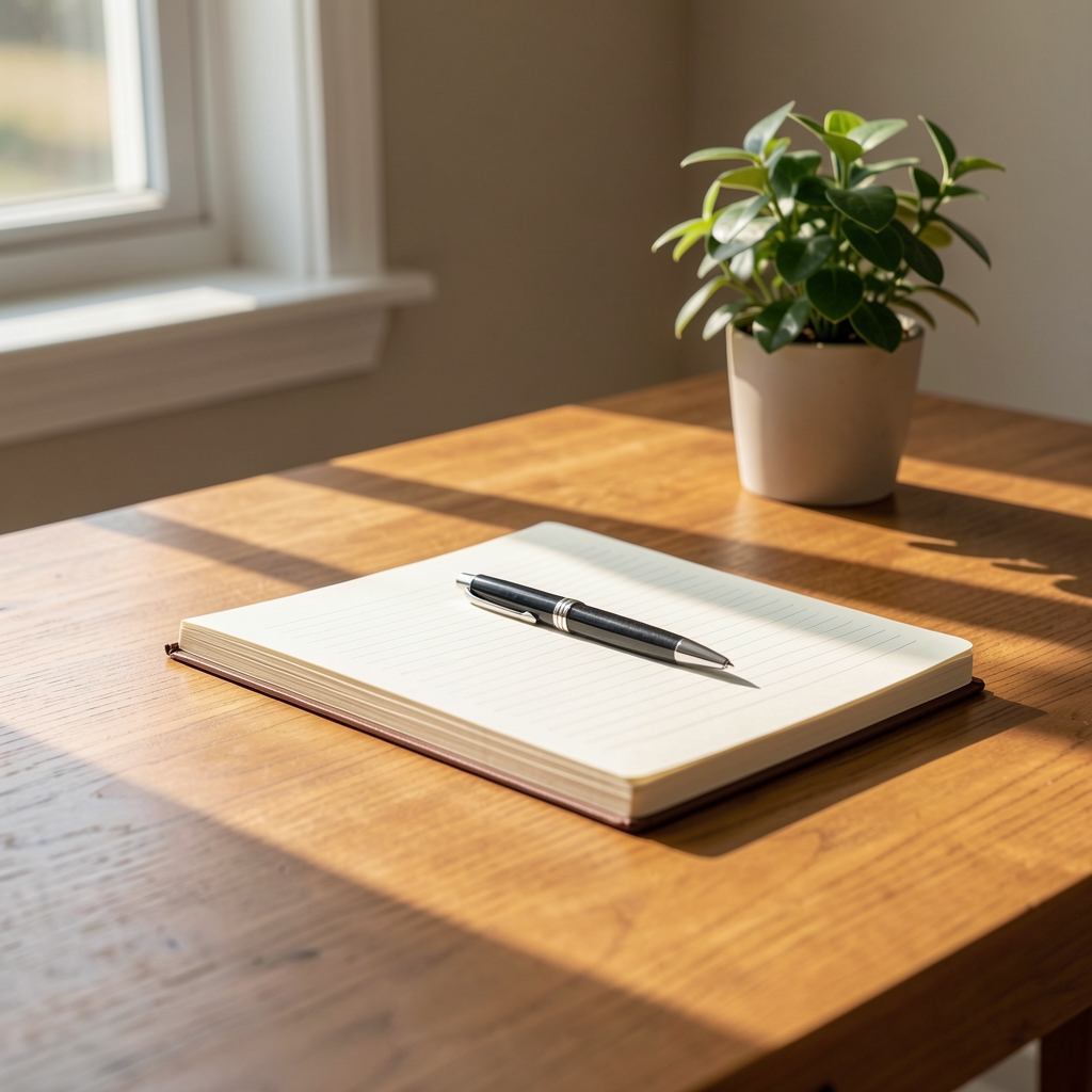Sunlit wooden writing desk with a notebook and pen, a small potted plant in the background, suggesting a calm and orderly correspondence setting